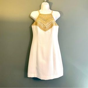 Lilly Pulitzer White Gold Crochet Trim Halter Style Sleeveless Dress Sz 6